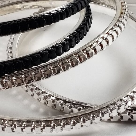 Set of 5 Silver-tone & Black Dainty Bangle Bracelets - Women's Fashion Jewelry - Picture 6 of 6